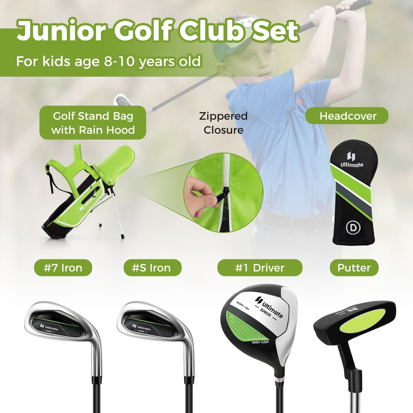 Ensemble de Golf Junior, Enfants 8-10 Ans, Droitier, Vert