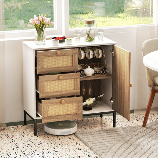 Rattan Sideboard Buffet Cabinet, 1 Door 3 Drawers, White Cabinets & Chests White at Gallery Canada