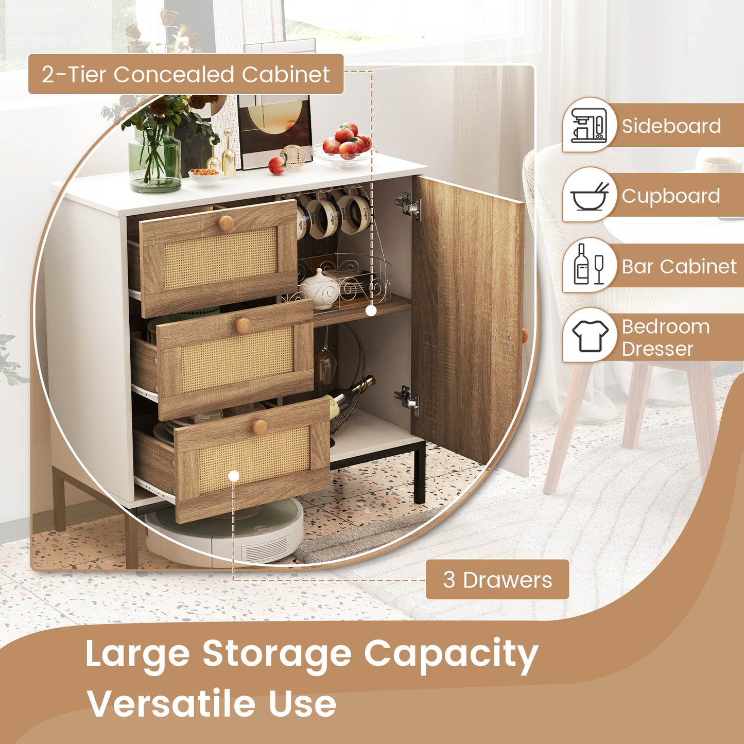 Rattan Sideboard Buffet Cabinet, 1 Door 3 Drawers, White Cabinets & Chests at Gallery Canada