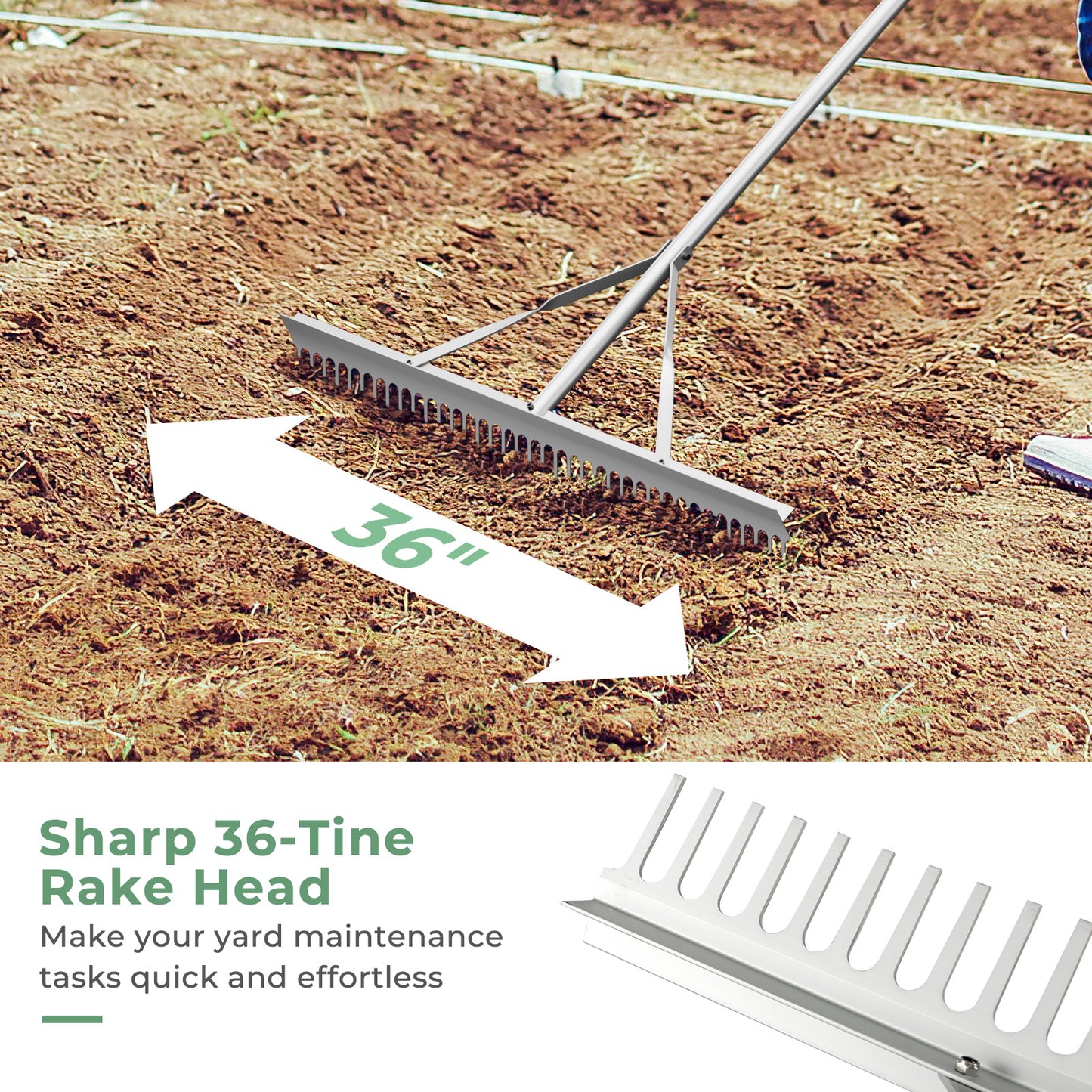 Aluminum Rake, 36 Inch Wide Head, 68 Inch Handle, Silver Lawn Care Tools at Gallery Canada