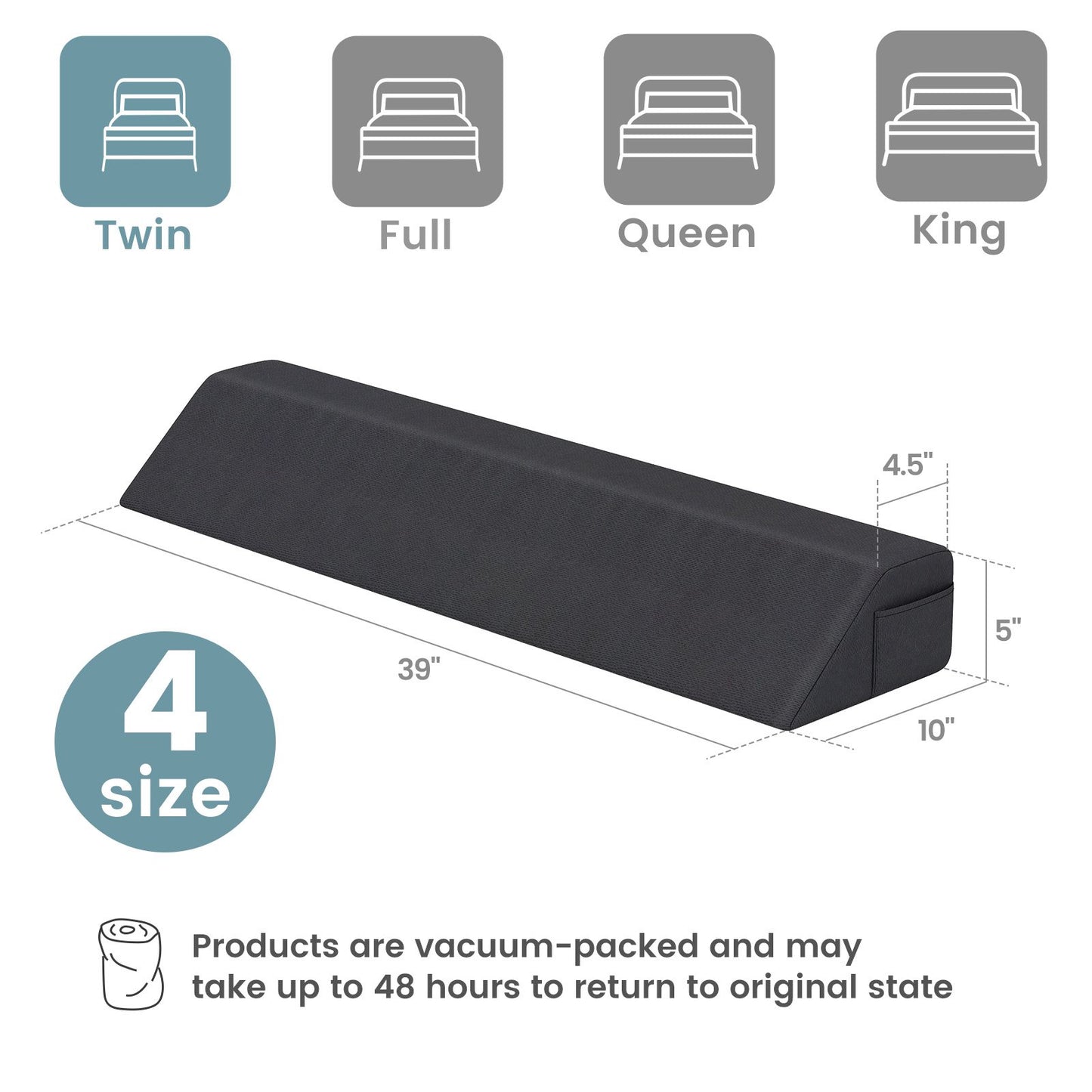 Bed Wedge Pillow with Storage Bag-Twin Size, Gray