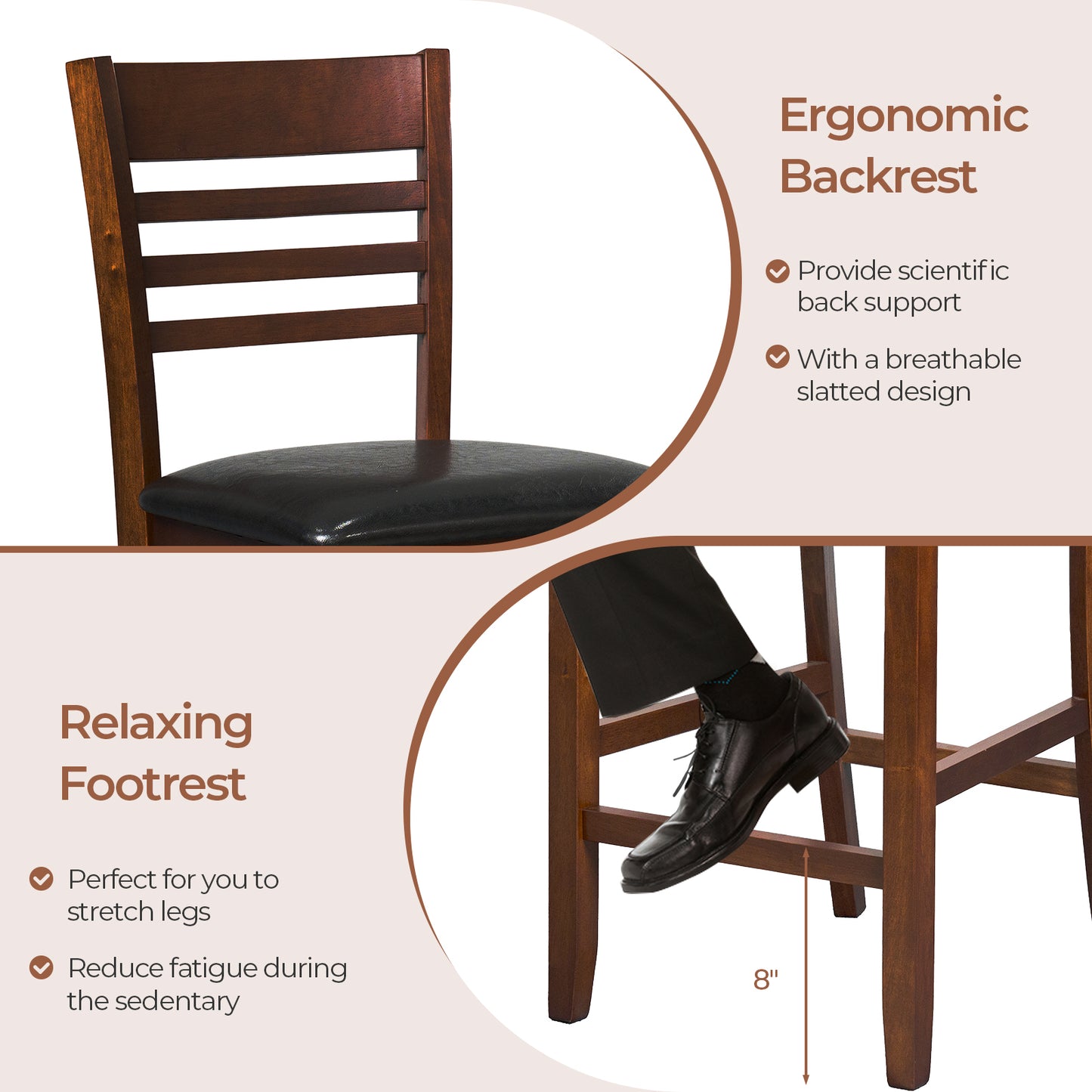 Set Of 2 Counter Height Bar Chairs, Walnut, With Backrest And Footrest Bar Stools at Gallery Canada