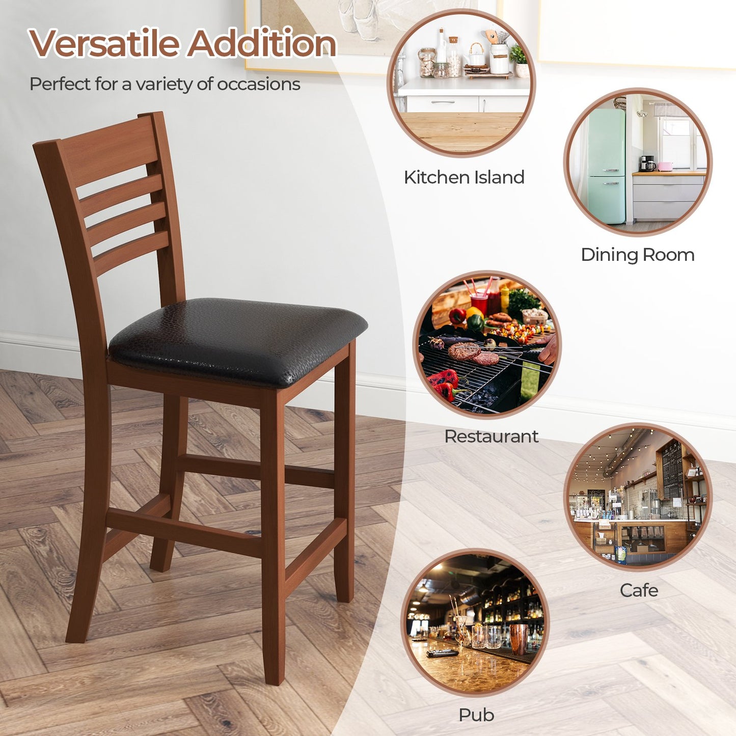 Set of 2 Counter Height Bar Chair Kitchen Island Stool with Backrest and Footrest, Walnut