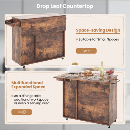 Rolling Kitchen Island Cart with Drop Leaf and Wine Rack, Rustic Brown