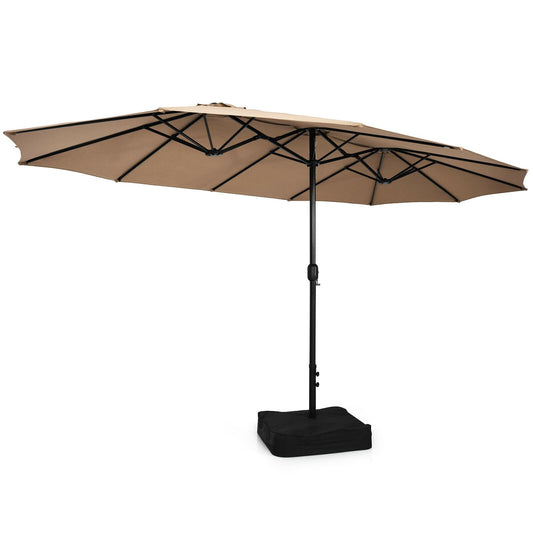 15 Feet Double-Sided Twin Patio Umbrella with Crank and Base Coffee in Outdoor Market, Brown at Gallery Canada