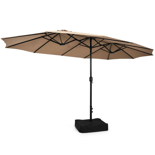 15 Feet Double-Sided Twin Patio Umbrella with Crank and Base Coffee in Outdoor Market, Brown