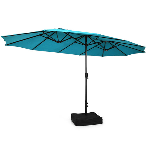 15 Feet Double-Sided Twin Patio Umbrella with Crank and Base Coffee in Outdoor Market, Turquoise
