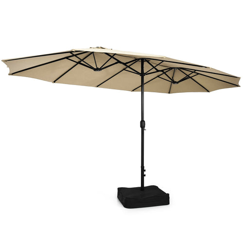 15 Feet Double-Sided Twin Patio Umbrella with Crank and Base Coffee in Outdoor Market, Beige