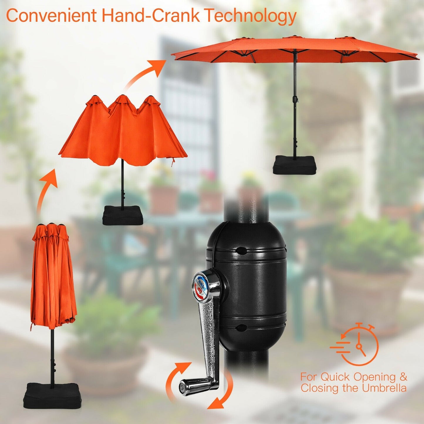 15 Feet Double-Sided Twin Patio Umbrella with Crank and Base Coffee in Outdoor Market, Orange at Gallery Canada