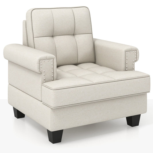 Mid-century Modern Accent Armchair Tufted Linen Club Chair, Beige