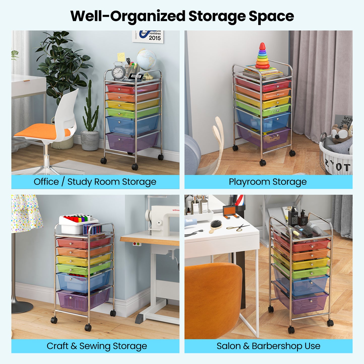 6 Drawers Rolling Storage Cart Organizer, Multicolor, Transparent