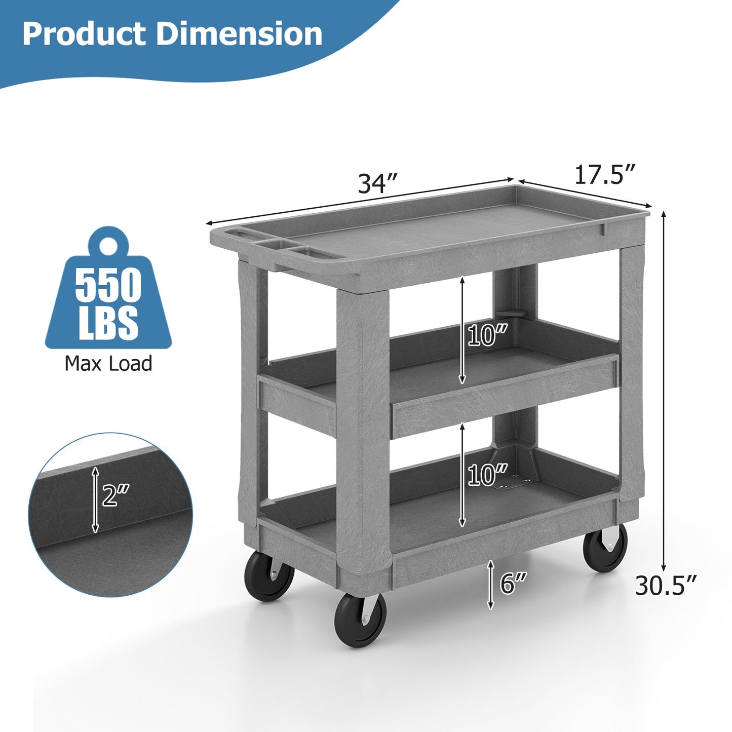 3-Tier Utility Cart with 550 LBS Max Load and Adjustable Middle Shelf, Gray