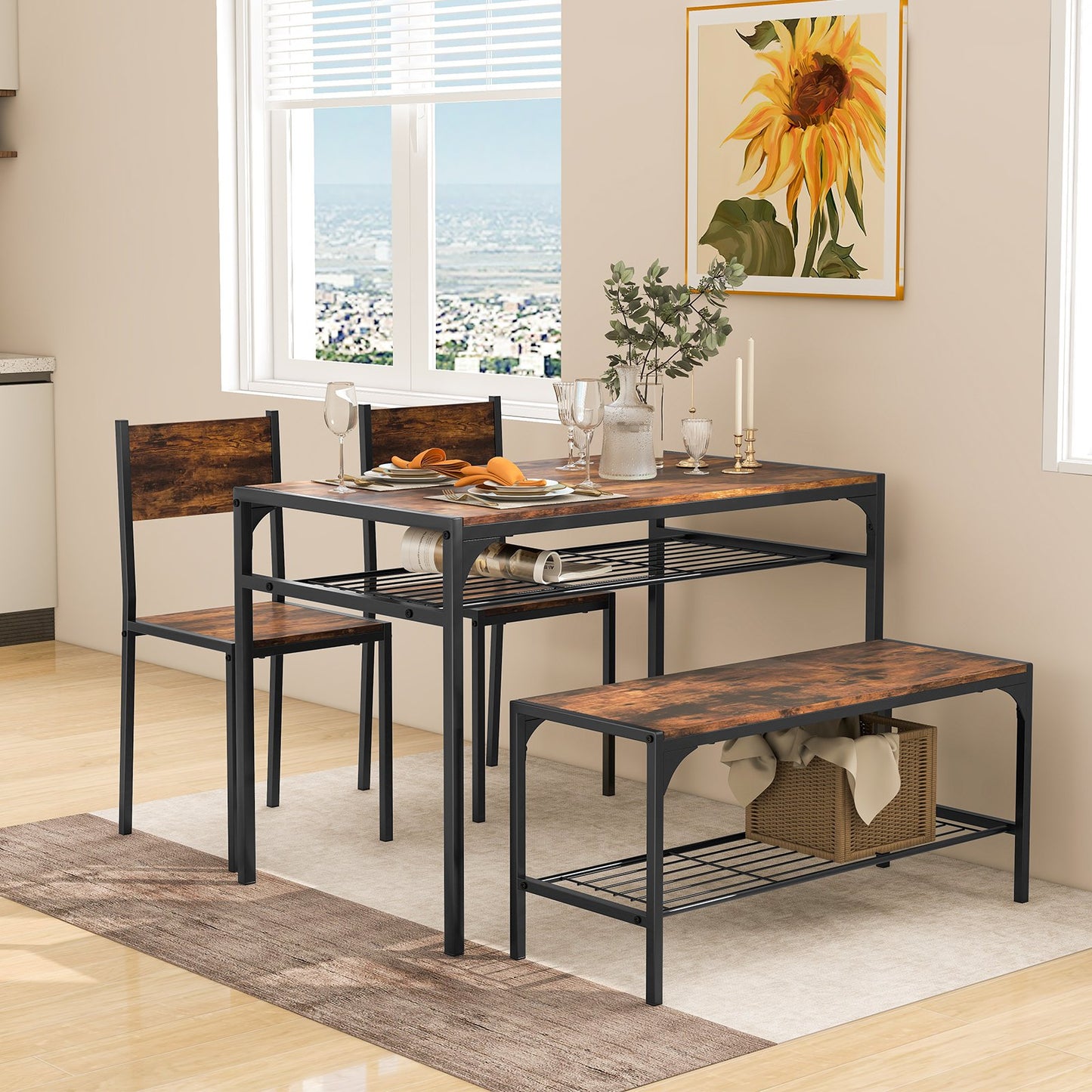 Industrial Style Rectangular Kitchen Table with Bench and Chairs, Rustic Brown