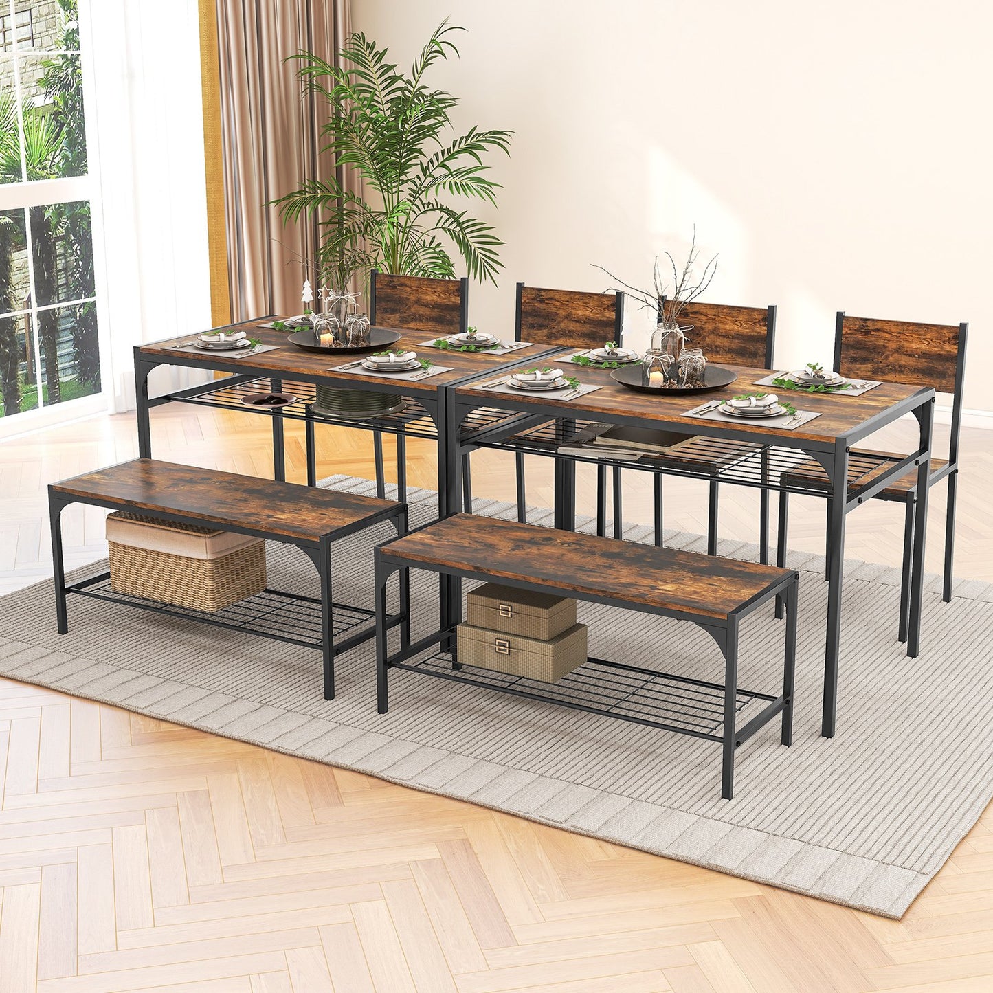 Industrial Style Rectangular Kitchen Table with Bench and Chairs, Rustic Brown