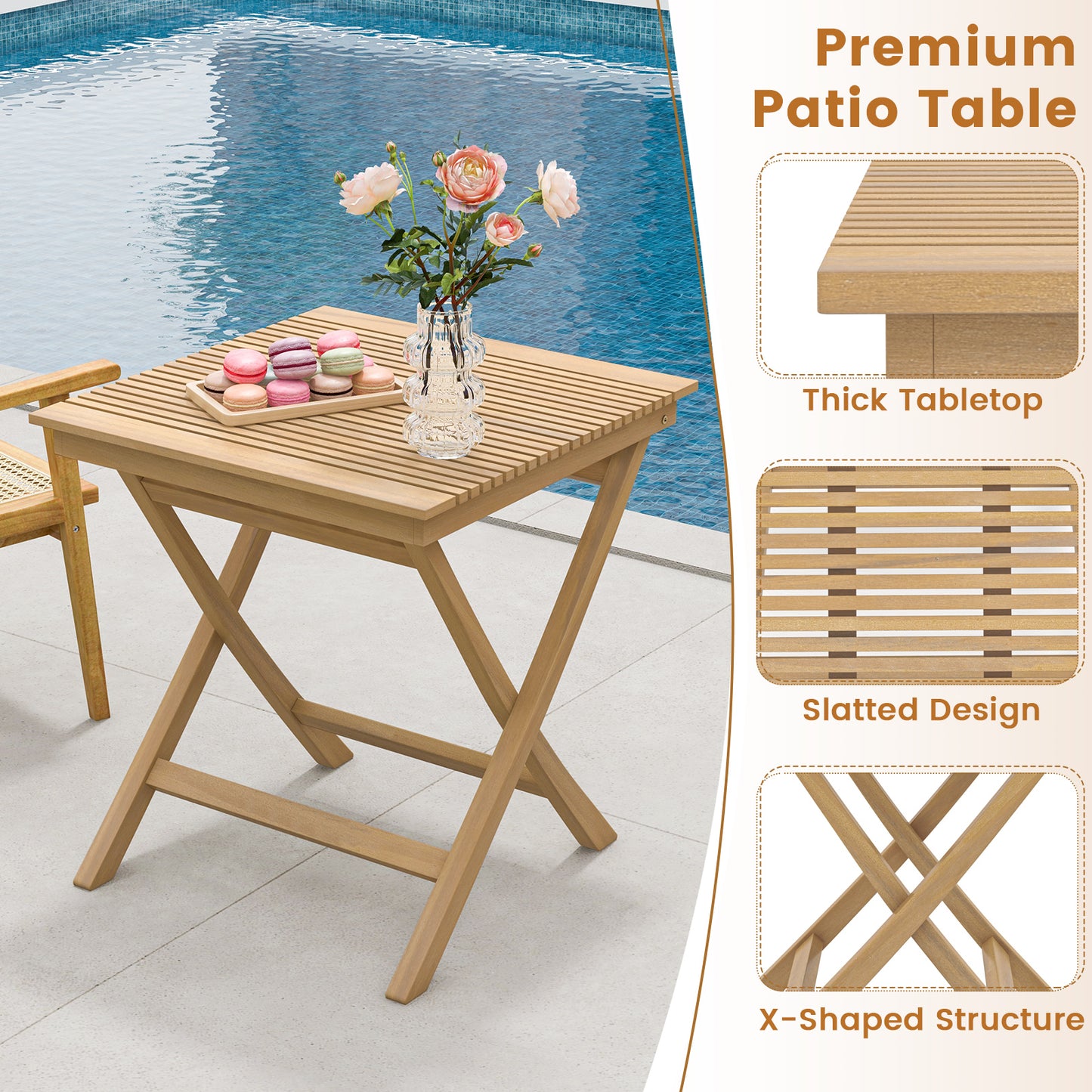 27.5 Inch Patio Bistro Table with Slatted Tabletop and Sturdy Wood Frame, Natural Patio Coffee Tables at Gallery Canada