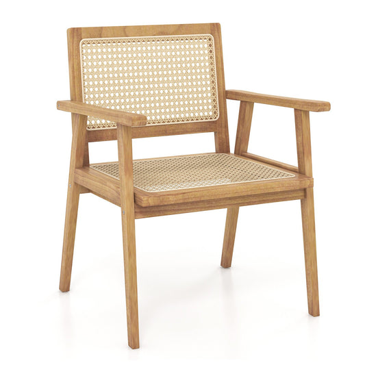 Indonesia Teak Wood Chair with Natural Rattan Seat and Curved Backrest for Backyard Porch Balcony, Natural