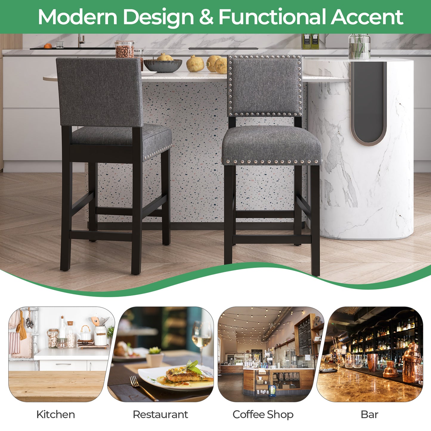 38.5/43.5 Inch Counter Height Chairs, Solid Rubber Wood Frame, Gray Dining Chairs at Gallery Canada