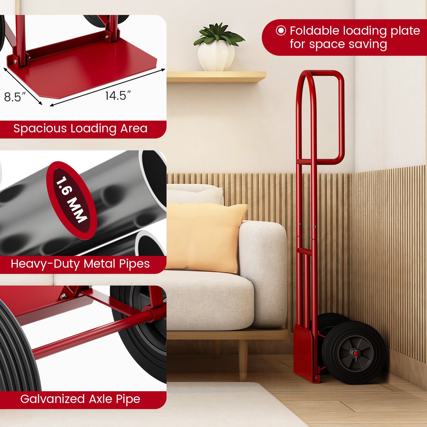 P-Handle Sack Truck with 10 Inch Wheels and Foldable Load Area, Red Garages at Gallery Canada