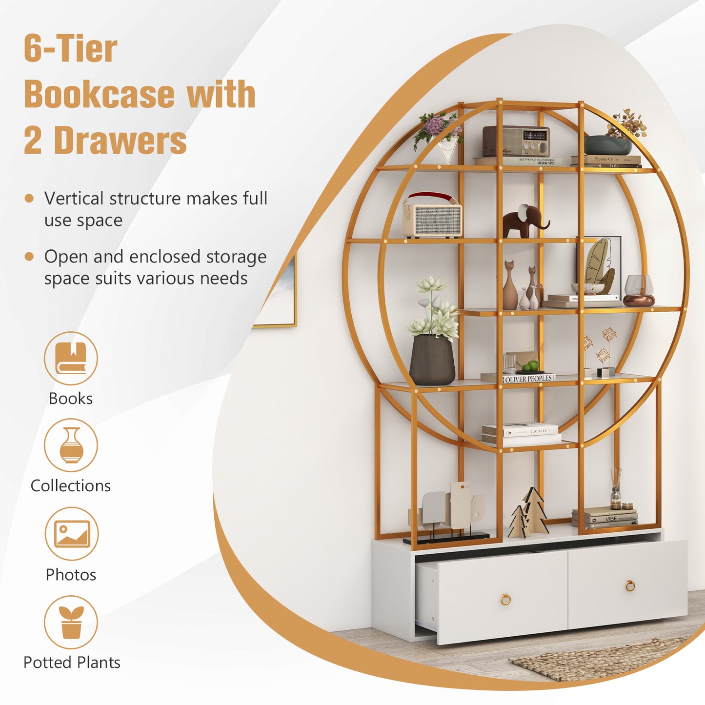 71 Inches 6-Tier Gold Bookshelf with 2 Storage Drawers, Golden Bookcases at Gallery Canada