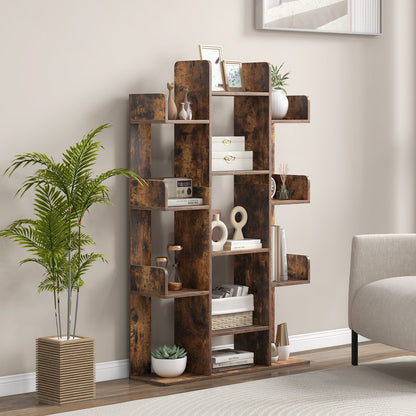 Tree-Shaped Bookshelf with 13 Compartments for Home Office, Rustic Brown