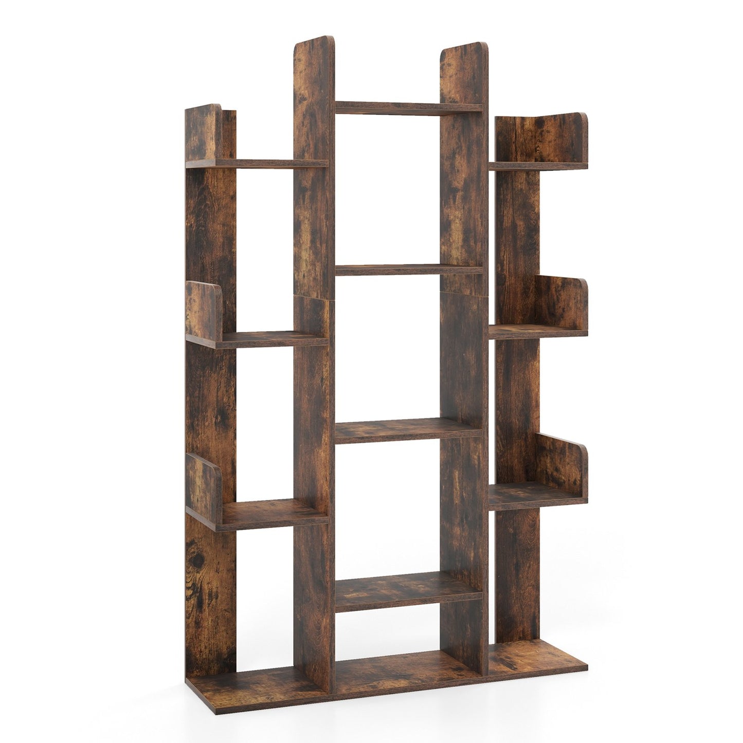 Tree-Shaped Bookshelf with 13 Compartments for Home Office, Rustic Brown