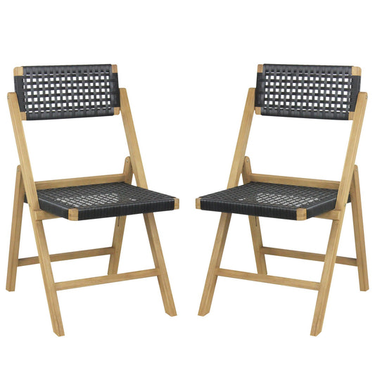 Set of 2 Folding Chairs Indonesia Teak Wood Dining Chairs with Woven Rope Seat and Back, Natural