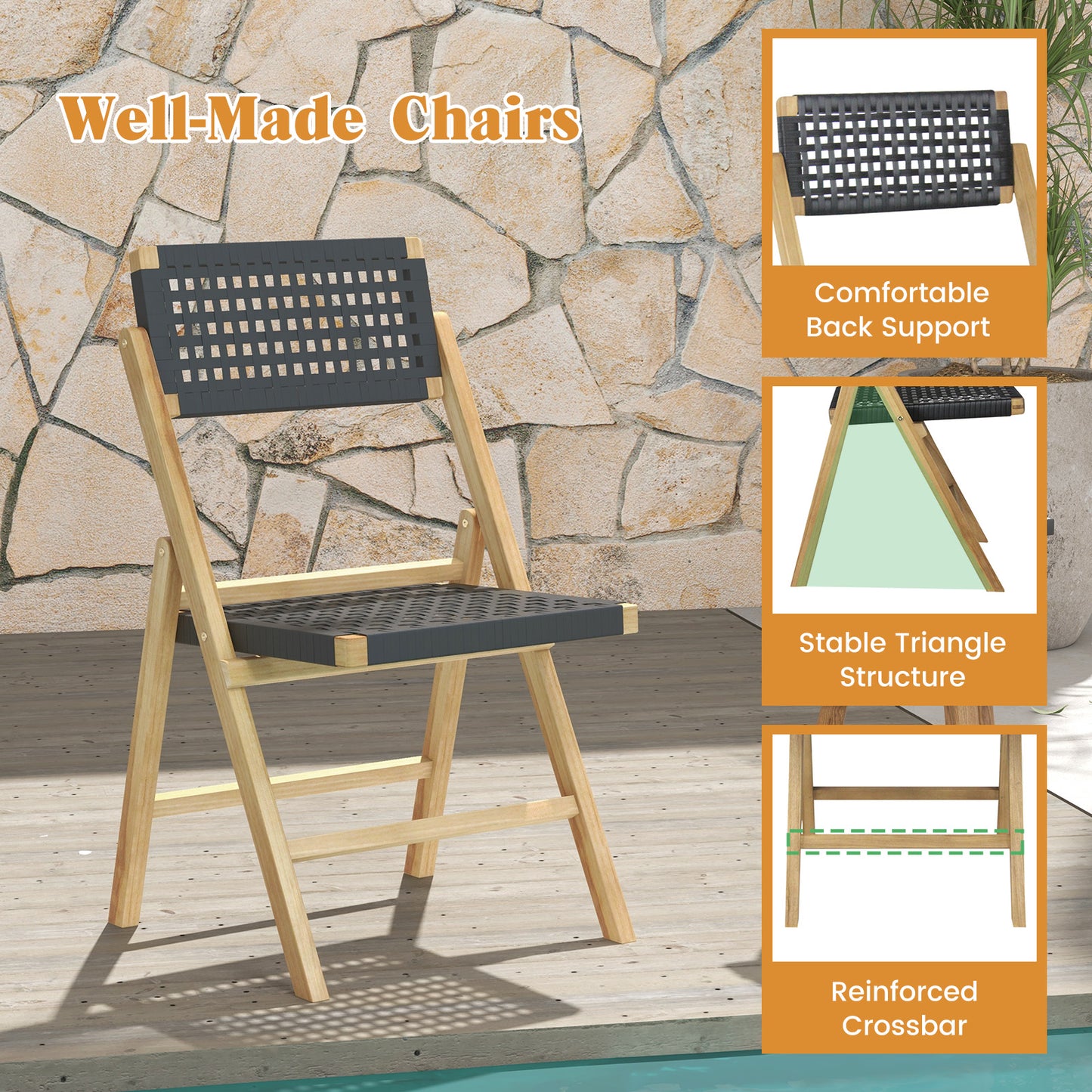 Folding Teak Wood Dining Chairs, 2 Set, Woven Rope Seat, Natural Patio Dining Chairs at Gallery Canada