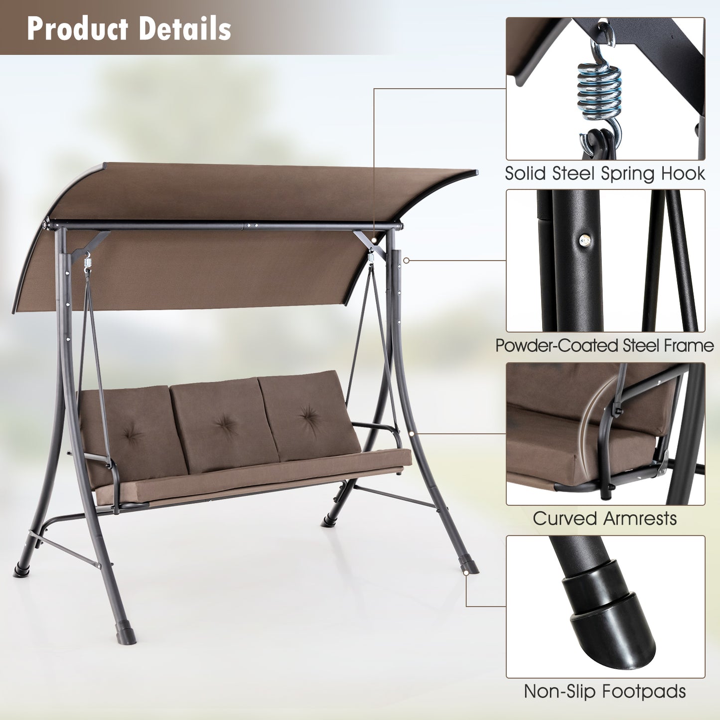 3-Seat Outdoor Swing With Adjustable Canopy, Padded Cushions, Brown Porch Swings at Gallery Canada