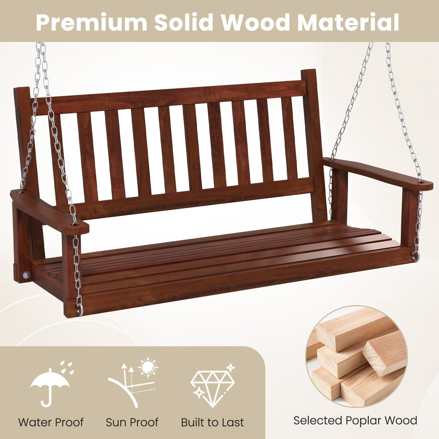 3-Person Wooden Outdoor Porch Swing with 800 lbs Weight Capacity, Brown at Gallery Canada