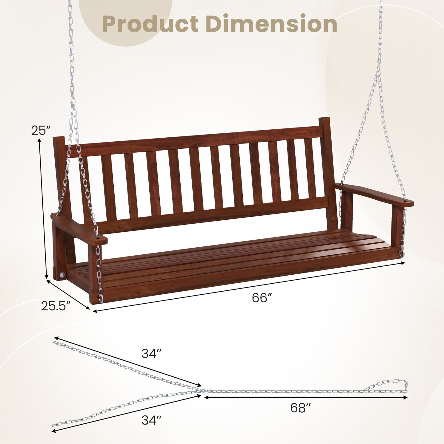 3-Person Wooden Outdoor Porch Swing with 800 lbs Weight Capacity, Brown