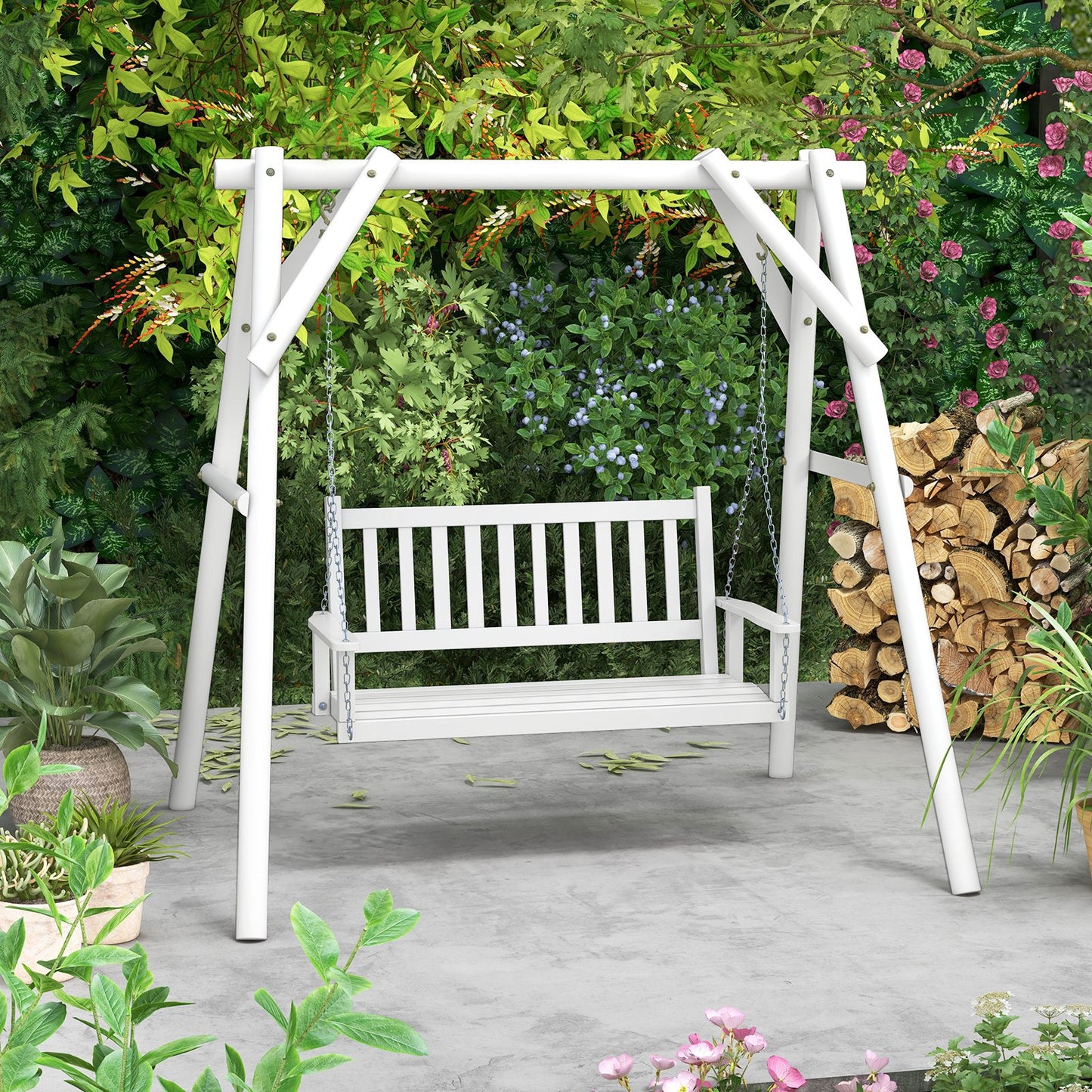 3-Person Wooden Outdoor Porch Swing with 800 lbs Weight Capacity, White
