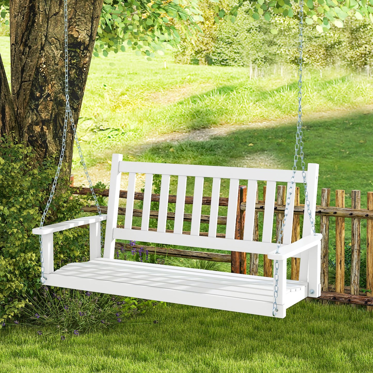3-Person Wooden Outdoor Porch Swing with 800 lbs Weight Capacity, White