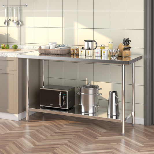 24 x 60 Inches Stainless Steel Kitchen Prep Table, Adjustable Undershelf, Silver Kitchen Tools Silver at Gallery Canada