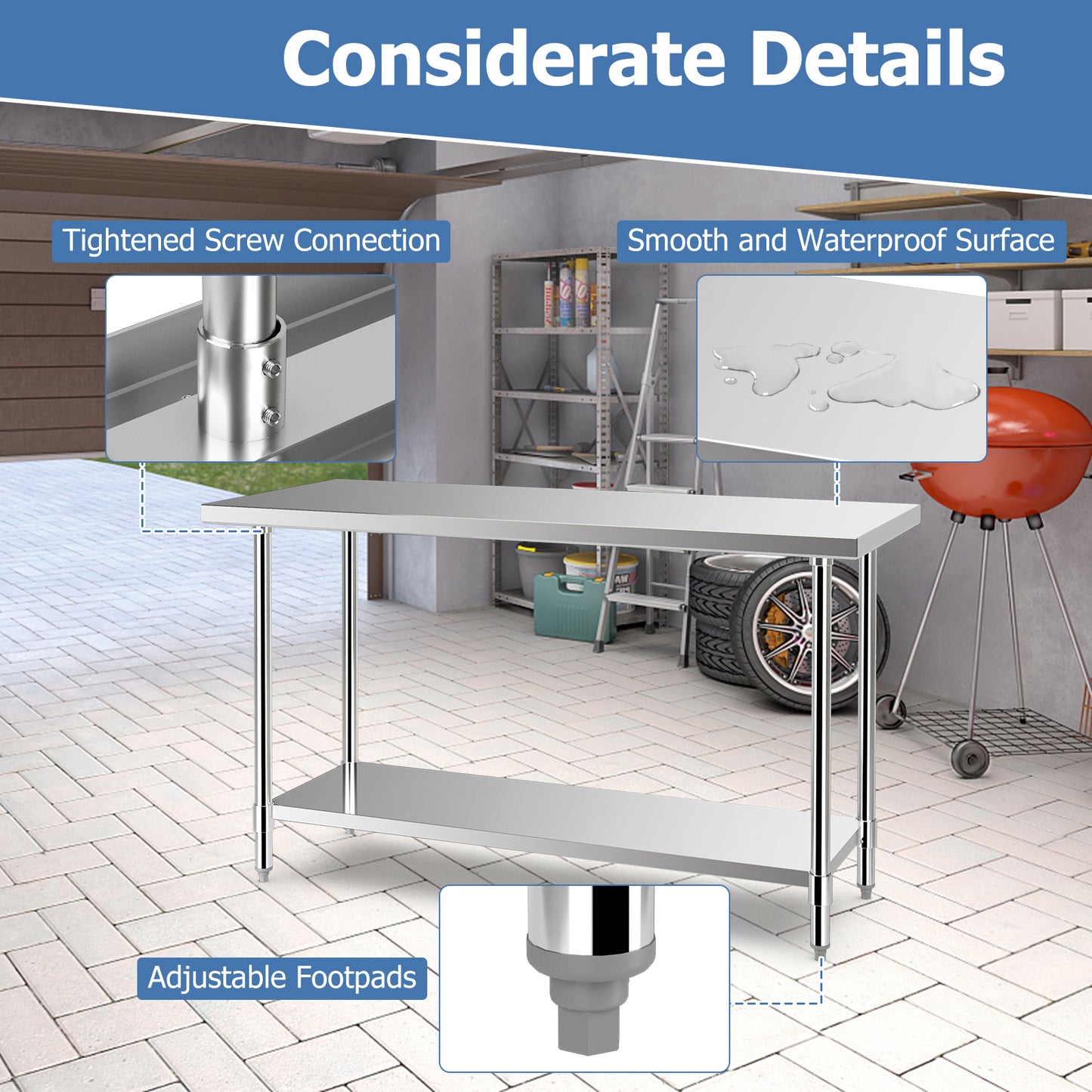 24 x 60 Inches Stainless Steel Kitchen Prep Table, Adjustable Undershelf, Silver Kitchen Tools at Gallery Canada