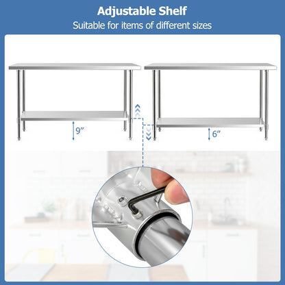 24 x 60 Inches Stainless Steel Kitchen Prep Work Table with Adjustable Undershelf, Silver