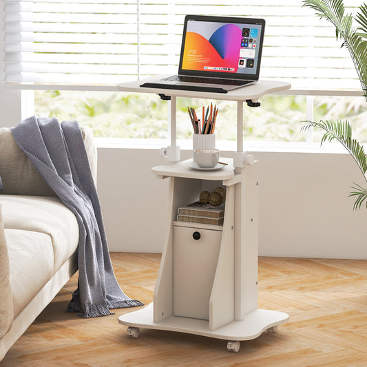 Adjustable Mobile Standing Desk Cart with Tilt Desktop and Cabinet, White Laptop Tables & Printer Stands White at Gallery Canada