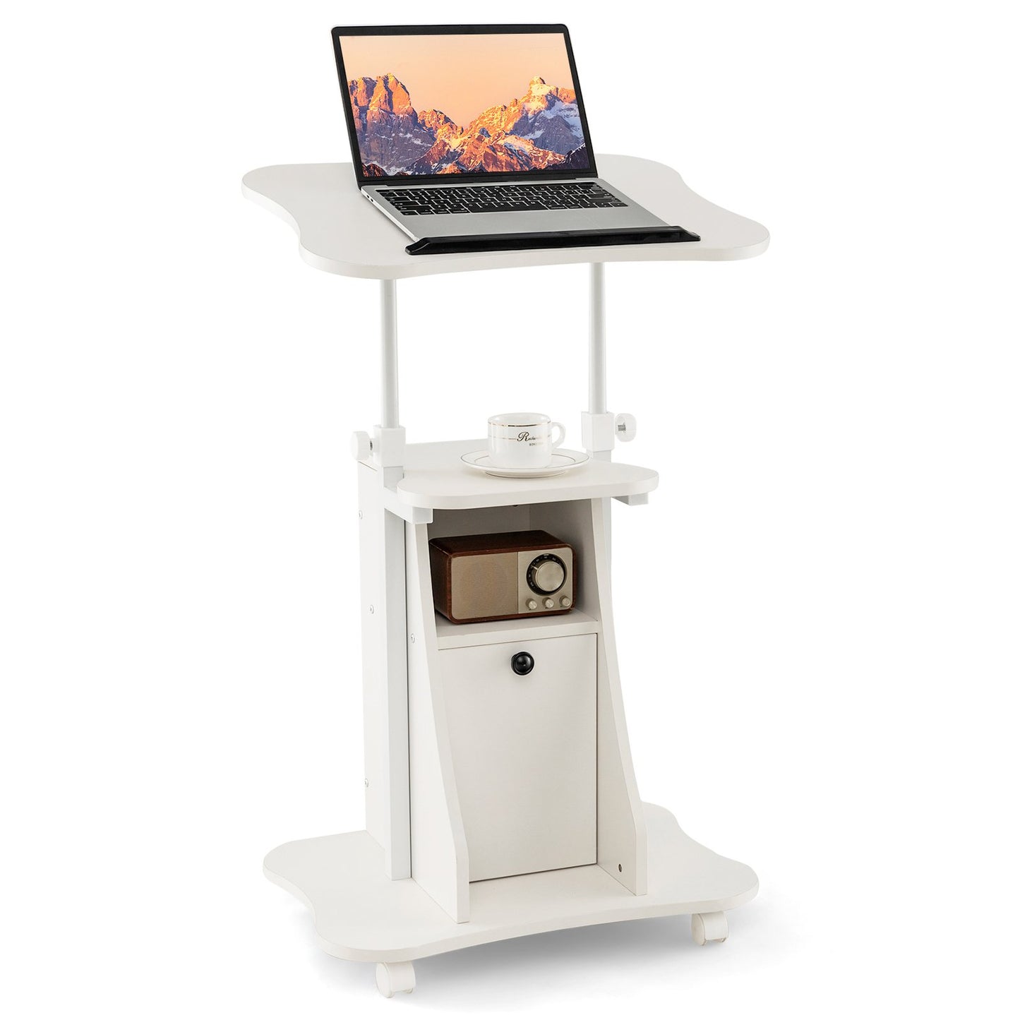 Adjustable Mobile Standing Desk Cart with Tilt Desktop and Cabinet, White at Gallery Canada