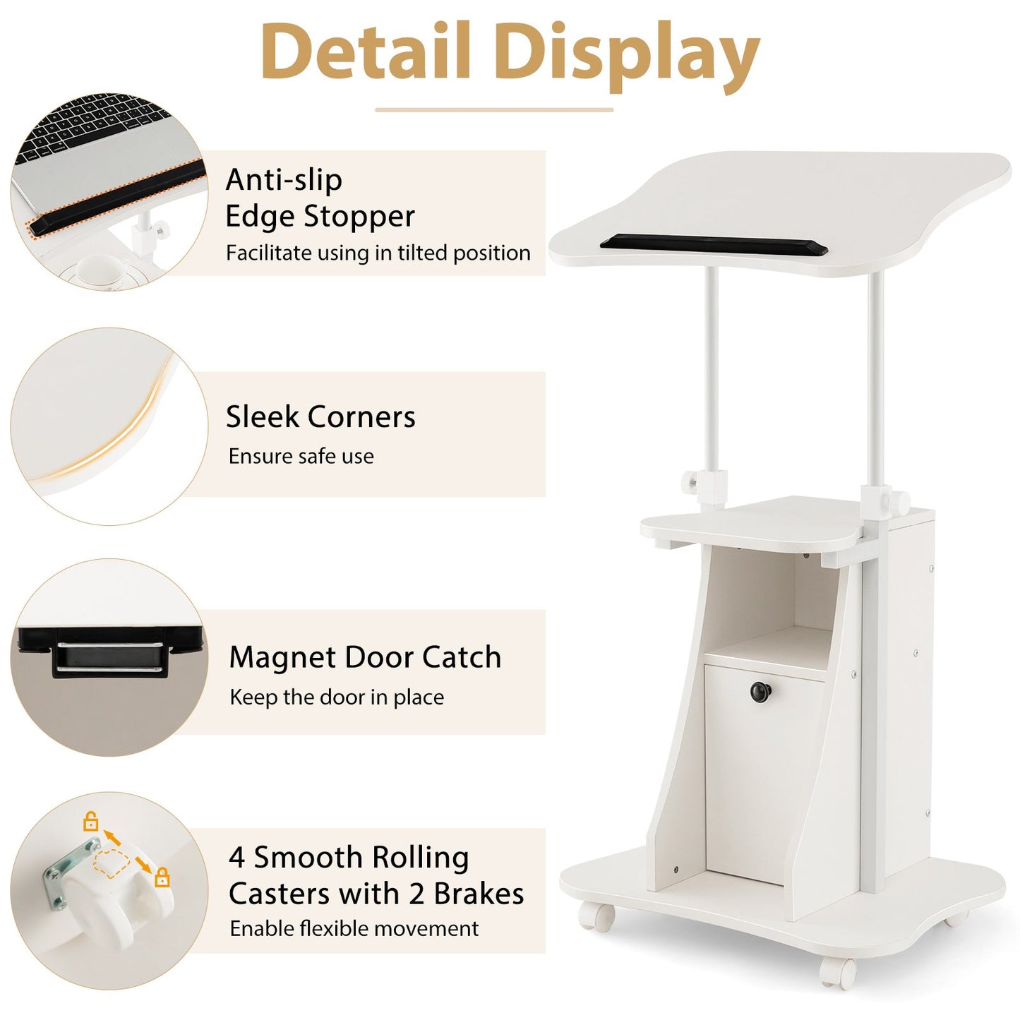 Adjustable Mobile Standing Desk Cart with Tilt Desktop and Cabinet, White at Gallery Canada