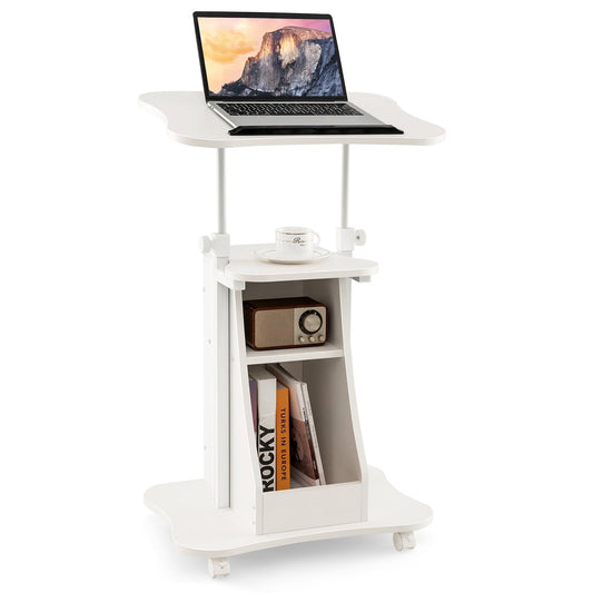 Mobile Podium Stand Height Adjustable Laptop Cart with Tilting Tabletop and Storage Compartments, White at Gallery Canada