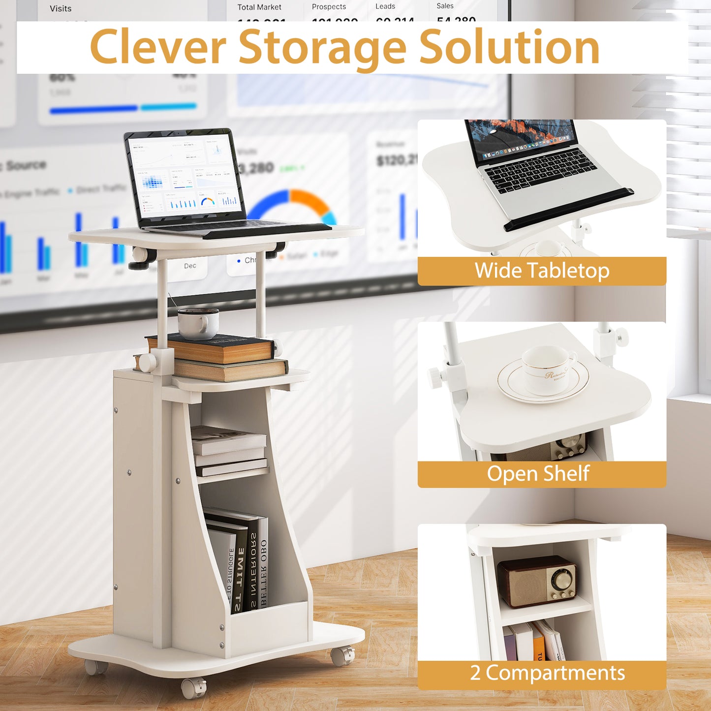 Mobile Podium Stand Height Adjustable Laptop Cart with Tilting Tabletop and Storage Compartments, White Laptop Tables & Printer Stands at Gallery Canada