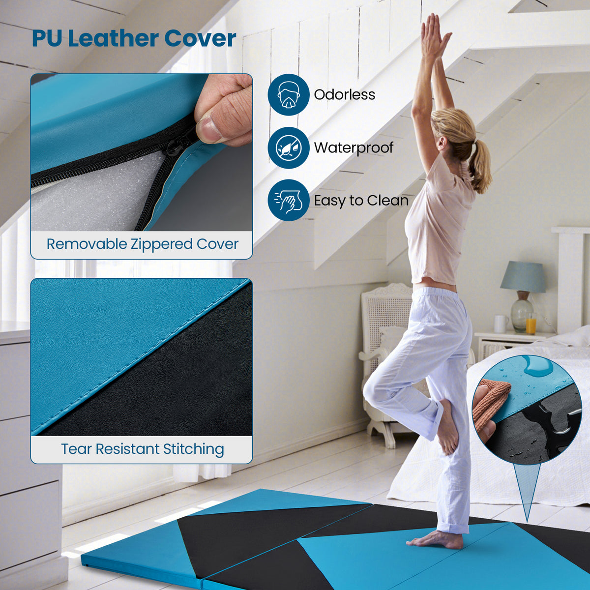 4-Panel PU Leather Folding Gym Mat, Turquoise, Black Yoga & Gym Mats at Gallery Canada