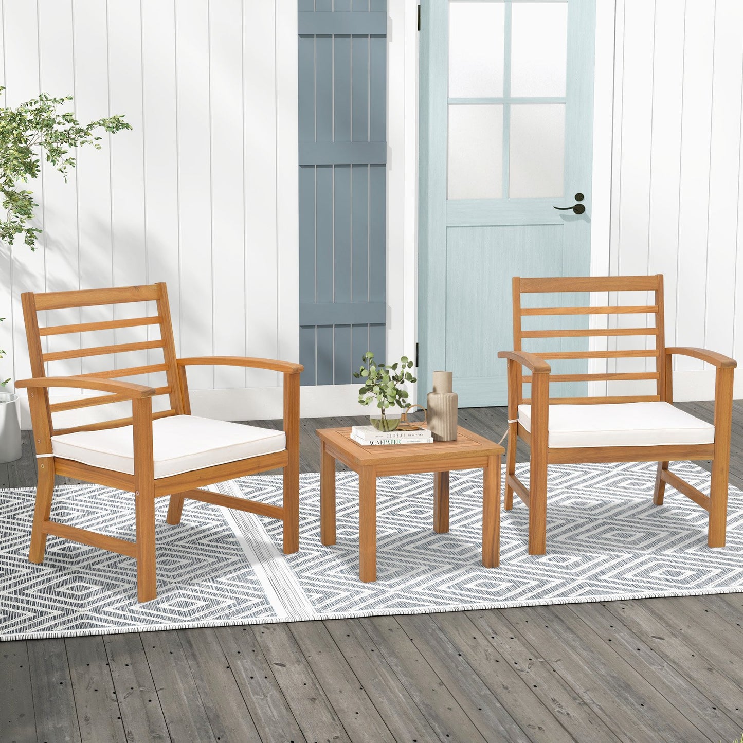3 Pieces Outdoor Furniture Set with Soft Seat Cushions, White