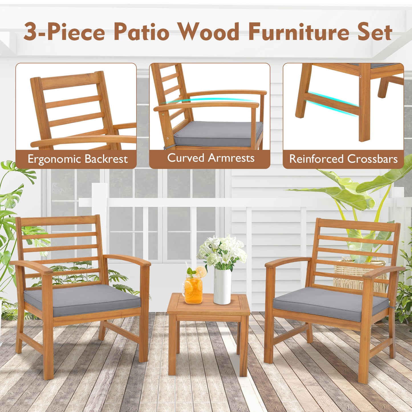 3 Piece Outdoor Furniture Set, Soft Seat Cushions, Gray Patio Conversation Sets at Gallery Canada