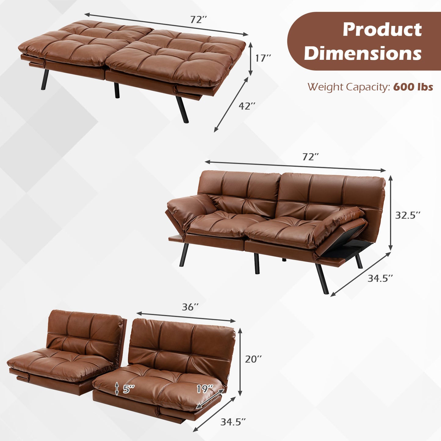 Convertible Memory Foam Futon Sofa Bed, Adjustable Armrest, Brown Sofas & Loveseats Brown at Gallery Canada