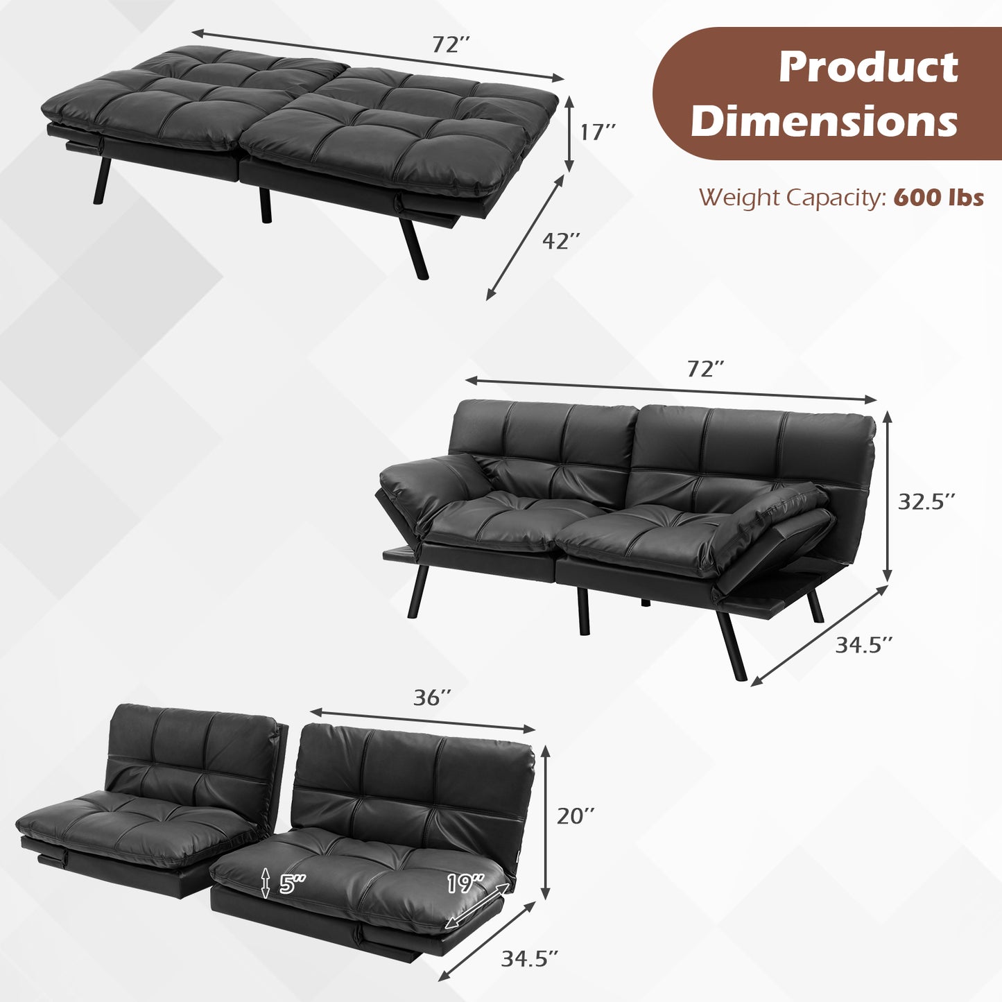 Convertible Memory Foam Futon Sofa Bed, Adjustable Armrest, Black Sofas & Loveseats Black at Gallery Canada