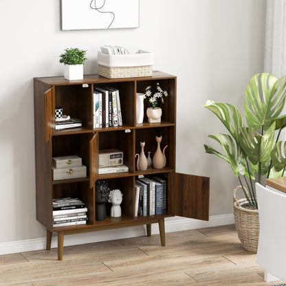 9-Cube Bookshelf with Open Shelves and 3 Door for Home Office, Walnut
