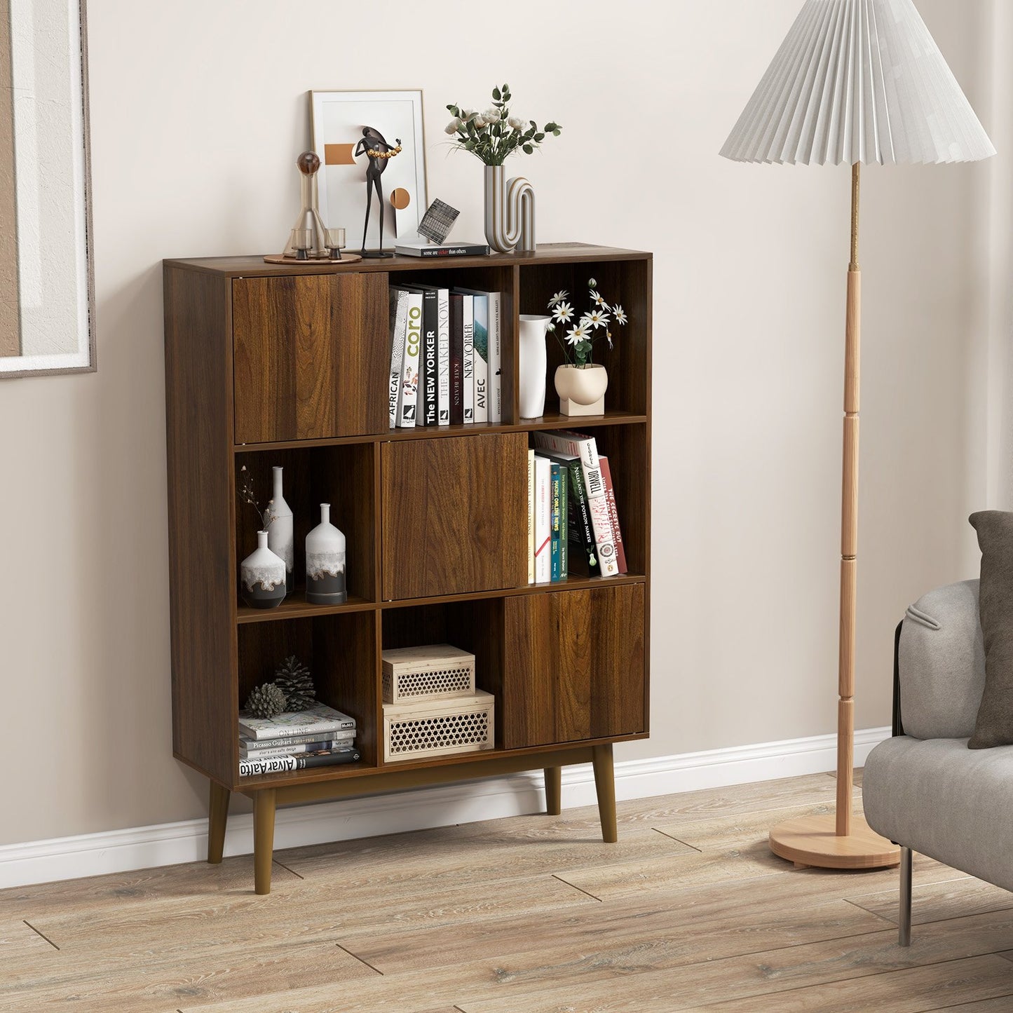9-Cube Bookshelf with Open Shelves and 3 Door for Home Office, Walnut
