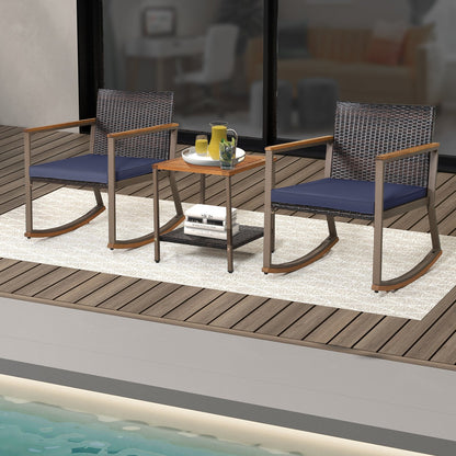 3 Pieces Rattan Rocking Bistro Set with Coffee Table and Cushions, Navy