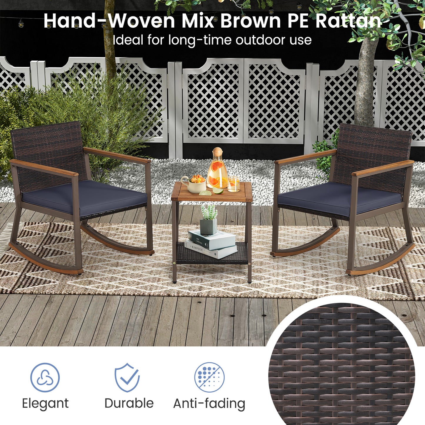 Rattan Rocking Bistro Set, 3 Pieces, Coffee Table, Cushions, Navy Patio Conversation Sets at Gallery Canada