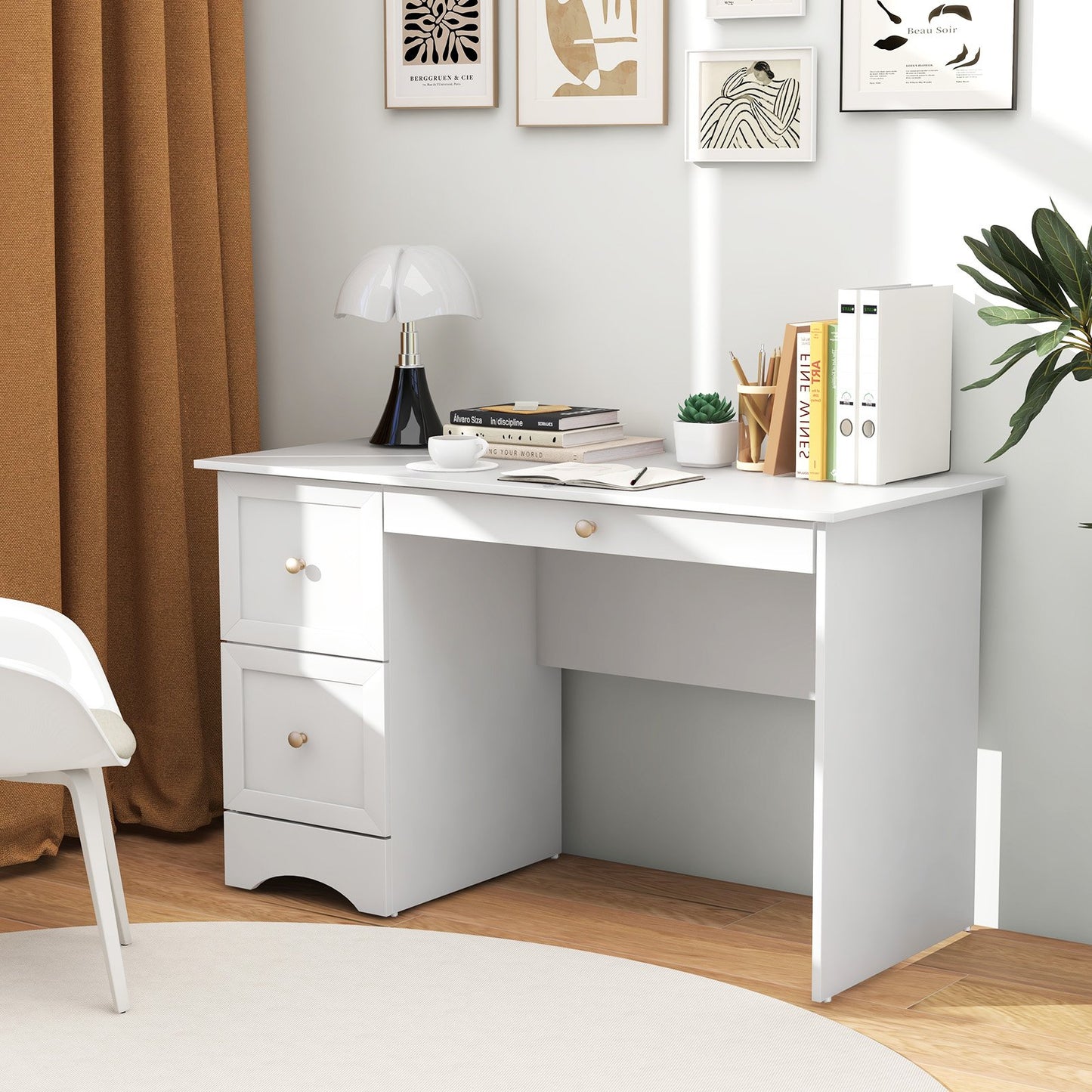 Wooden Computer Desk Workstation with 3 Drawers for Home and Office, White